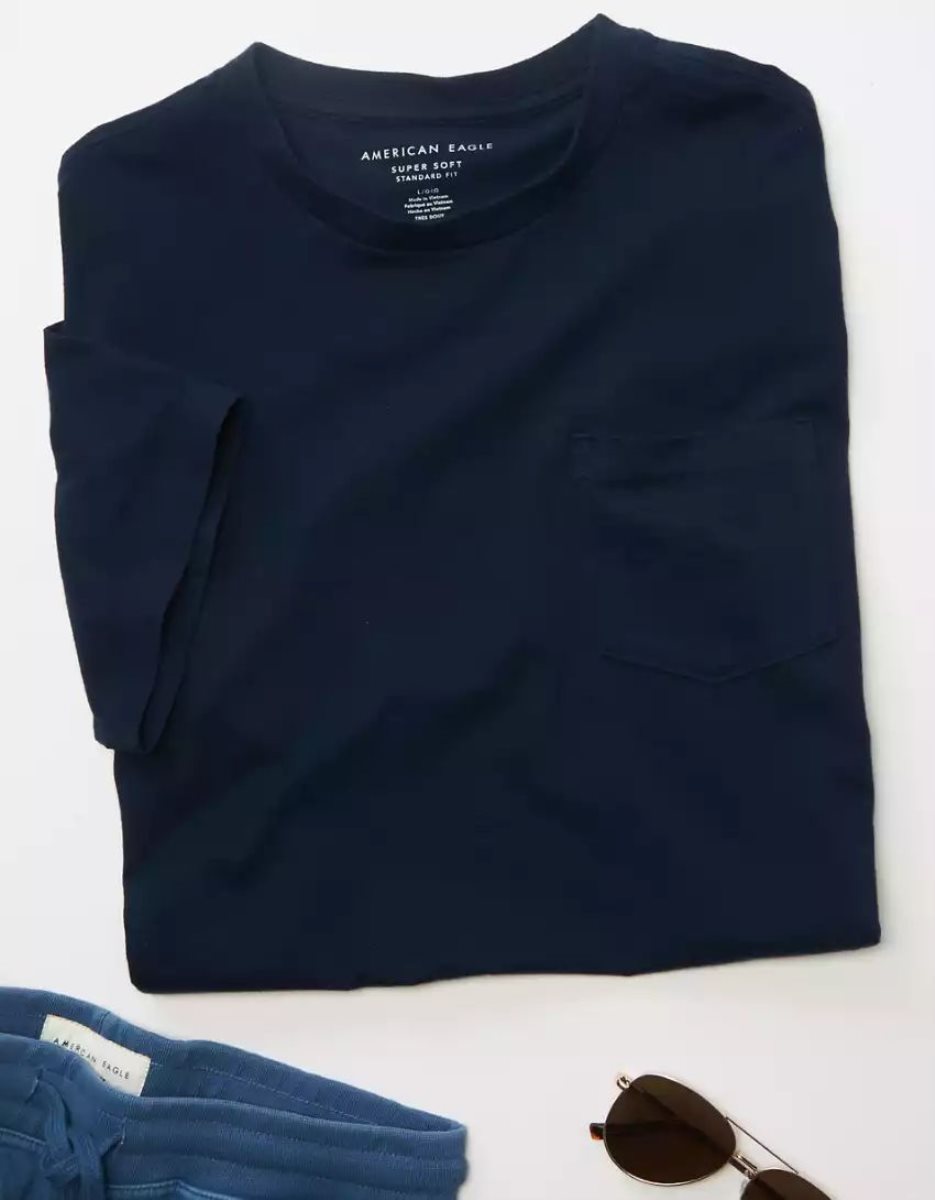 T Shirts American Eagle AE Super Soft Legend Pocket Bleu Marine Homme | NDE-04187457